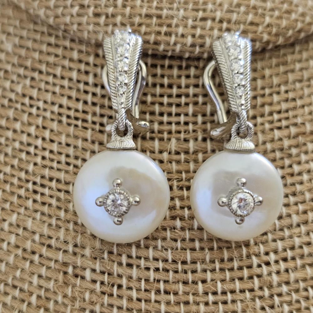 Judith Ripka Sterling Diamonique Coin Pearl Drop Pierced Earrings